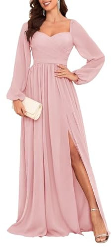 HPPEE Robe de demoiselle d'honneur à manches longues pour femme - Robe plissée en mousseline de soie avec fente, rose, 40