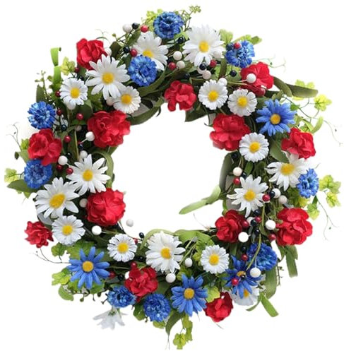 Patriotic Independence Day Wreath 16in Artificial with Red Blue White Flowers - 4th of July Decorative Wreath for Door Wall Window, Memorial Day