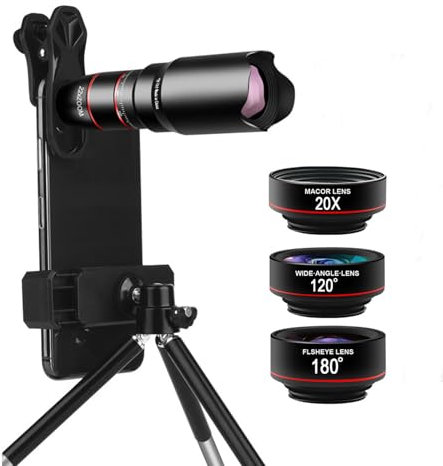 Cell Phone Camera Lens Kit, 4 in 1 Phone Lens Kit, 28x Telephoto Lens, 180° Fisheye Lens, 120° Super Wide-Angle Lens, 20x Macro Lens with Universal Clip for iPhone Android Smartphone