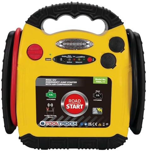 ToolTronix 4-in-1 Car Emergency Power Pack: Jump Starter, 12V Battery Booster, 300 PSI Tyre Inflator Air Compressor, USB Port, LED Work Light, Battery Level Indicator, and Dual 12V Outlets