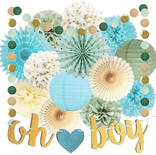 Babyparty Deko Junge, Salbeigrün Blau Baby Shower Dekoration, Oh Boy Banner, Salbeigrün Blau Creme Papierfächer Kreis Punkt Girlanden für Neutral Party Baby Shower Junge Deko