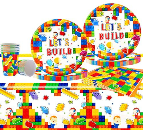 HEYOWUJ Building Block Party Tableware Set 61Pcs, Party Dinnerware Set for Kid's Birthday, Includes Plates, Cups, Napkins, Table Cloth, Multicolor Building Block Theme