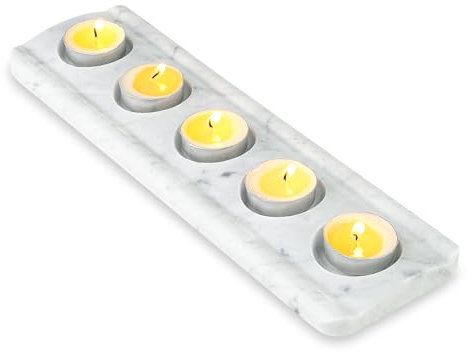 Cahzfie Luxuriöse Italien Naturmarmor 5-Fach Teelichthalter, Kerzenhalter, Wohnzimmer Schlafzimmer Deko Tischdeko, Kerzenständer für Hochzeit, Geburtstag, Urlaub, Party Dekoration (Bianco Carrara)