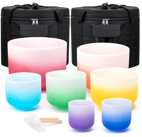 Sevenbowls 432HZ 7PCS Set Of 6-12 Inch Aria Gradient Design Frosted Quartz Crystal Singing Bowls With 2 PCS Travel Carry Case Bag