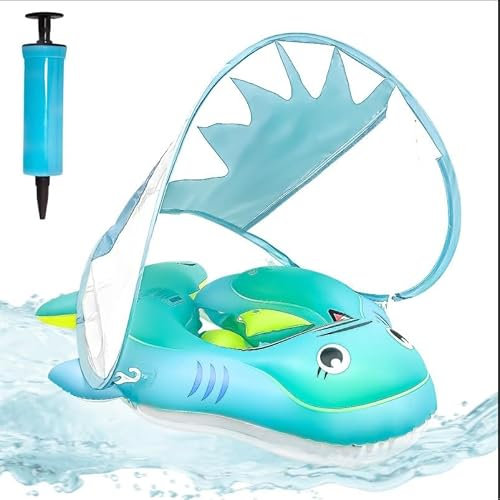 ACTOYS Schwimmreifen Baby Schwimmring mit Sonnendach, Schwimmtrainer Baby Schwimmhilfe Schwimmring (Grüner Hai, S-ab 3 bis 12 Monaten)