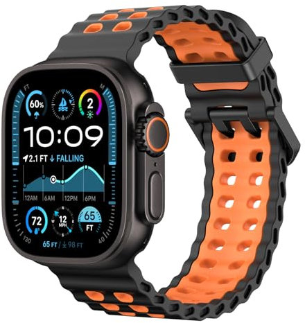 Astorgos Bracelet de Montre Respirant Ocean Compatible avec Apple Watch Ultra 2/Ultra 49mm,S10 46mm,9/8/7 45mm,SE2/SE/6/5/4 44mm,3/2/1 42mm, Bracelet Silicone Sport pour Homme Femme, Noir/Orange