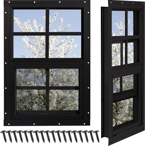 NOTASA Schuppenfenster, 2 Stück, Hühnerstallfenster 45,7 x 58,4 cm, mit gehärtetem Glas und Fiberglas-Gitter, bündig montiertes kleines Fenster für Schuppen, Scheunen, Spielhaus, Haushalt, Garage