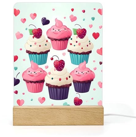 BVKWNTSA Acryl Nachtlicht Desktop LED Licht Cupcake Süßigkeiten Herzen Süß Gedruckt Augenschutz Nachtlicht Holzsockel USB Aufladen Geeignet für Schlafzimmer