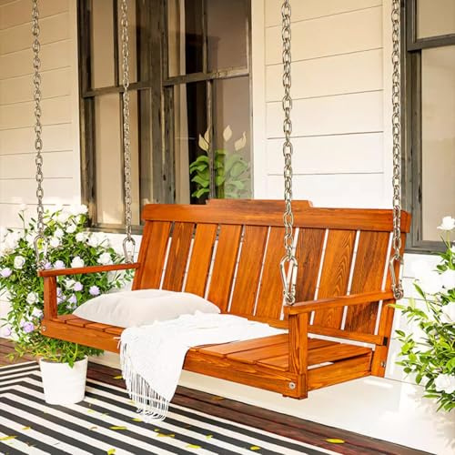 DJJYCTNM 2-Person Wooden Outdoor Porch Swing, Heavy Duty 770lbs Patio Hanging Swing Bench, 16ft Adjustable Upper Chains, Slatted Back(Brown,80cm/31.5in)