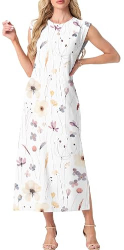 GRECERELLE Womens Summer Maxi Long Dress Casual Flower Sleeveless Crew Neck Split Hem Shift Dresses with Pocket for Ladies UK (Rainbow Leaf, L)