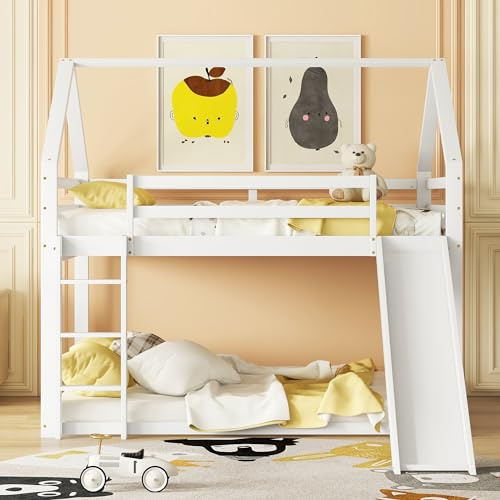 Rvjiahe Doppelbett Kinderbett Hausbett Etagenbett mit Rutsche und Leiter | Kinderzimmer Hoch-Doppel-Stockbett, Weiß, 140x200cm