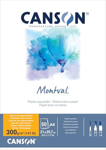 Canson Montval Aquarellpapier, feine Körnung, 300 g/m², auf der kurzen Seite, A4, 21 x 29,7 cm, Weiß, 50 Blatt