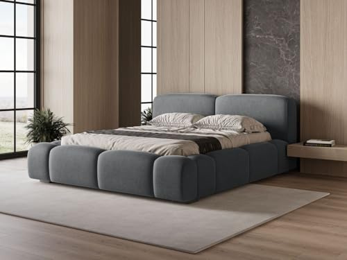GRAINGOLD Lano Bett 140x200, Polsterbett mit Bettkasten, Polsterbett mit Stauraum, Samt, mit Lattenrost, mit Kopfteil, ohne Matratze (Dunkelgrau, 140x200)
