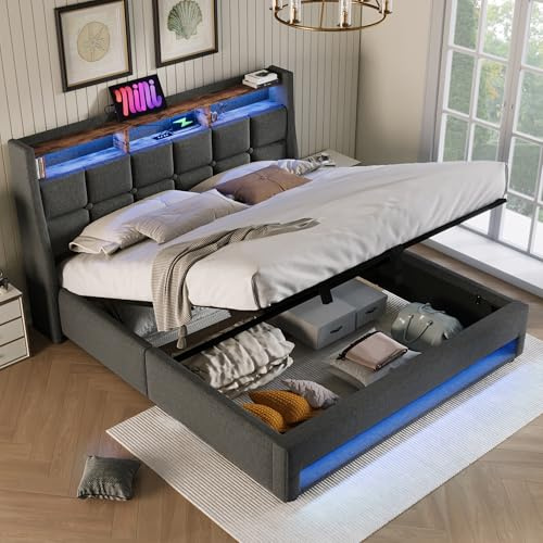 BTM Upholstered Double Bed with Storage Headboard, USB Type-C Charging and LED Lighting, Double Bed Frame with Metal Slatted Frame, 135x190cm, Linen, Grey (No Mattress)