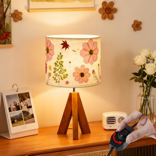 Floresita Dried Flowers Tripod Table Lamp 14.96in, 9W LED Dimmable Cute Bedside Lamp with Flowers Linen Lampshade for Nursery, Bedroom, Kid Room, Living Room, Light Brown Wooden Base