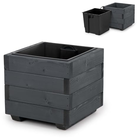 alfalux Blumentopf Holz - Pflanzkübel Übertopf Blumenkasten - mit Kunststoffeinsatz Herausnehmbar - 33 x 33 x 32 cm - Grau 33KAN3332AN