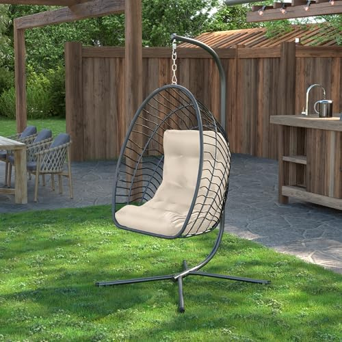 Kingdura Hanging Egg Chair with Stand Indoor Outdoor, Foldable Rattan Wicker Hammock Egg Swing Chair for Bedroom Porch Patio Garden, Thickened Cushion, 350LBS Capacity, Heavy Duty Frame