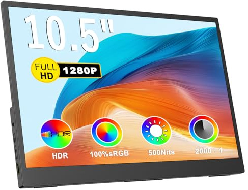 Topmonitor Small Portable Monitor 10.5 500 Nits 2000:1 FHD 1280P IPS Screen, Ultra-Slim Mini Monitor w/Kickstand & Dual Speaker, USB C HDMI HDR Portable Gaming Monitor, Travel Monitors for Laptop PCs