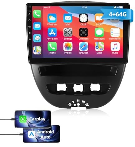 ESSGOO 4+64G Android 15 Autoradio mit Wireless Carplay und Android Auto Für Peugeot 107 / Citroen C1 / Toyota Aygo 2005-2014,10 Zoll Auto Radio Display mit Bluetooth WiFi GPS Mirror Link FM Mikrofon