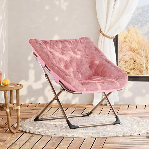 Aptliton 79cm Foldable Comfy Saucer Chair with Metal Frame, Oversized Faux Fur Lounge Chair for Bedroom, Living Room, Dorm Rooms, Flexible Seating for Kids & Adults, Pink