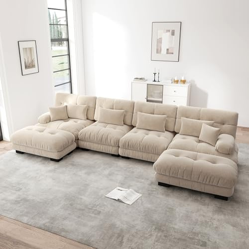 Muskel Modulares Ecksofa, U-förmiges Couch Set für Wohnzimmer, 4-Sitzer Komfortable Cloud Couches mit beweglichem Ottoman, DIY-Kombination, Übergroßes (Khaki, 4-Sitzer+2)