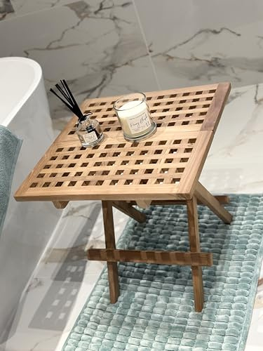 Teak Folding Side Table, Wooden Coffee Table, 50x50x50 cm, Foldable Design, Lattice Top, Portable TV Dinner Tray, Bedside Laptop Stand
