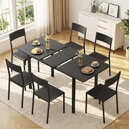 Xbro Esstisch Set 6 Personen Ausziehbar, Essgruppe mit 6 Stühlen, Stabil Platzsparend, Einfache Montage, Für Küche und Esszimmer 110–140 cm