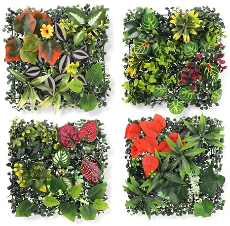 4 Piezas Jardín Vertical Artificial Y Jardín Vertical Artificial 25 X 25 Cm, Plantas Artificiales Exterior En Panel 3D para Balcón, Jardín, Terraza, Valla Y Salón