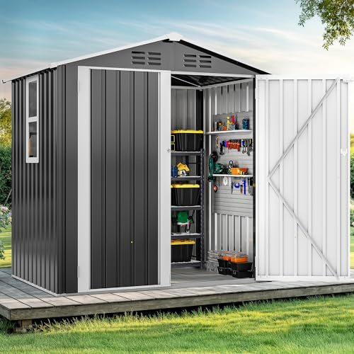 DWVO Metall Gerätehaus 6x4 Fuß (ca. 171x118x185 cm) mit Fenster, abschließbaren Türen & Schrägdach, wetterfester Gartenschuppen für Werkzeuge, Fahrräder & Rasenmäher –Grau Weiß