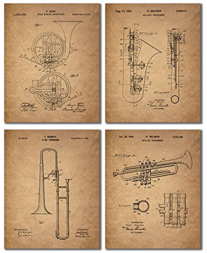 BigWig Prints Posaune Trompete Klarinette French Horn Patent Prints – Set von Vier Vintage Art Wand Fotos