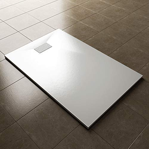 ELEGANT 1400 x 700mm Slip-Resistance Shower Base Slate Effect Square Shower Enclosure Tray with Waste and Drain Cover Grate