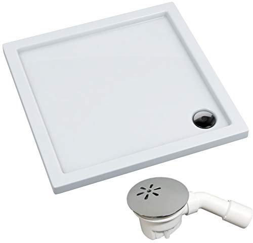VBChome Duschwanne Duschtasse 90 x 90 x 5 cm Rechteckig für Duschkabine Styroporträger flach Sanitär-Acryl Duschbecken stabil glatt weiß Dusche+ Ablaufgarnitur Viega Tempoplex