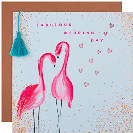 Hallmark Glückwunschkarte zur Hochzeit, modernes quadratisches Design mit neonfarbenen Flamingos