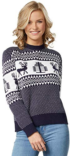 dressforfun 900829 Damen Weihnachtspullover, mit Eisblumen, Rentieren und Schneeflocken, blau weiß - Diverse Größen -