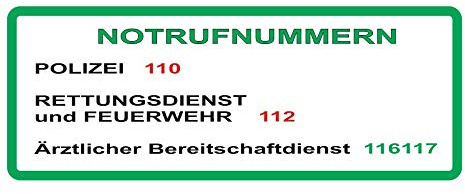 generisch 1 Stück Notrufnummern Aufkleber für Deutschland, Abziehbild (R65/3) w (20 x 7 cm)
