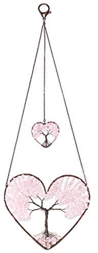Jovivi Rose Quartz Heart Tree of Life Dream Catcher Hanging Ornament Bohemian Pink Double Hearts Tree of Life Crystal Window Car Wall Art Hanging Decorations for Home Bedroom Decor