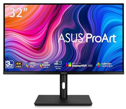 ASUS ProArt Display Monitor HDR 4K da 32 (PA329CV) - UHD (3840 x 2160), IPS, 100% sRGB/Rec.709, ΔE < 2, Calman Verified, USB-C Power Delivery, DisplayPort, HDMI, Hub USB 3.1, morsetto C, altezza