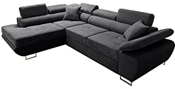 Robin Saturn Premium Ecksofa Schlaffunktion Bettkasten Verstellbare Kopfstützen Kissen Sofa L-Form Schlafsofa Freistehende Eckcouch Schlafcouch Wohnzimmermöbel Wohnlandschaft Links Schwarz
