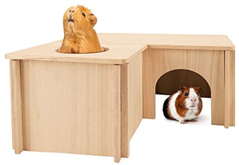 PAWCHIE Guinea Pig Hideout with Multi-Rooms - Small Pets Natural Hideout Detachable Large Size Multi-Chamber Wooden Hut Habitats with Window and Roof Skylight for Guinea Pigs, Hamsters, Chinchillas