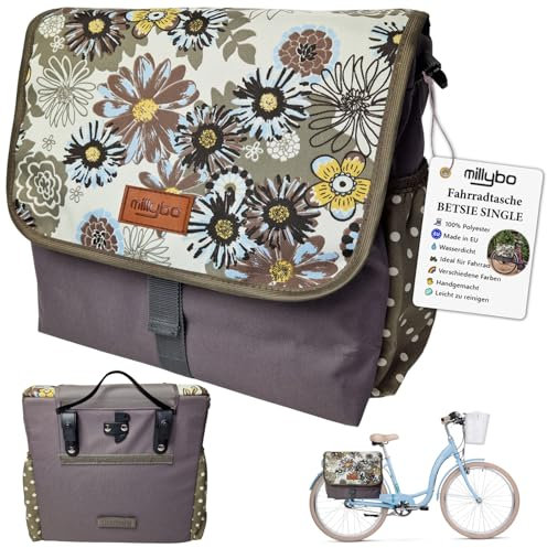 millybo BETSIE Single Gepäckträgertasche Fahrradtasche Gepäckträger Tasche Fahrrad Tasche viele Muster (110.005 Meadow&Dots Brown)