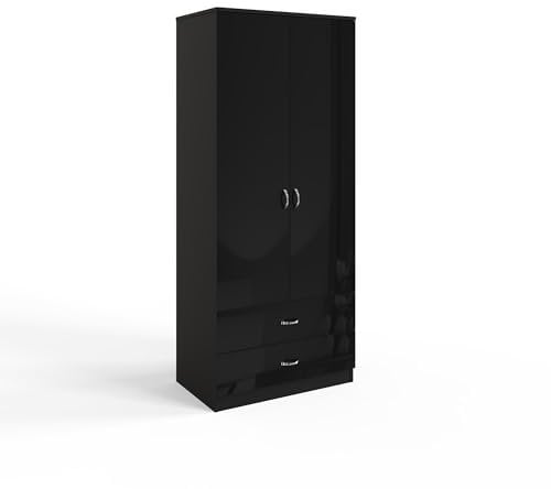 FWStyle Chilton High Gloss 2 Door 2 Drawer Combination Wardrobe, Black