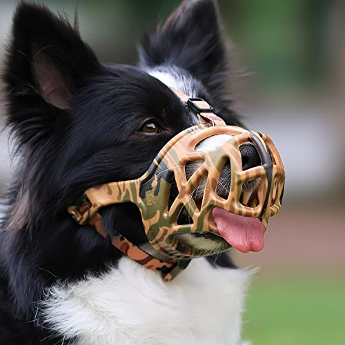 Hundemaulkorb, weicher Korb Maulkorb für kleine mittelgroße große Hunde Deutscher Schäferhund, Labrador, Dobermann, atmungsaktiver Silikon-Maulkorb, DASS Beißen lecken Aussparungen (Camouflage, XS)