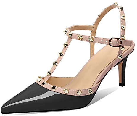 XINIUNIU Studded Kitten Heels for Women Black Stiletto Sandals with Buckle Strap Rivet Patent Leather Pointy Toe 2.5 Inch Studs Party Daily Wear Evening Sandals Size 7.5