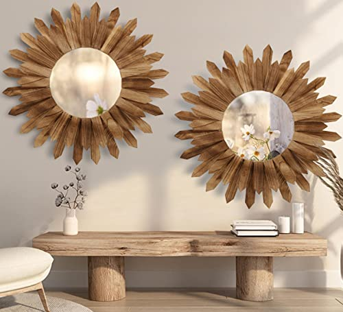 LOSOUR 2 Stück 55,9 cm Wandspiegel, dekorativ, rustikal, rund, Holzspiegel, Sunburst, Boho, Wandkunst, Dekoration, Spiegel für Cottagecore, Dekoration, Eingangsbereich, Schlafzimmer, Wohnzimmer