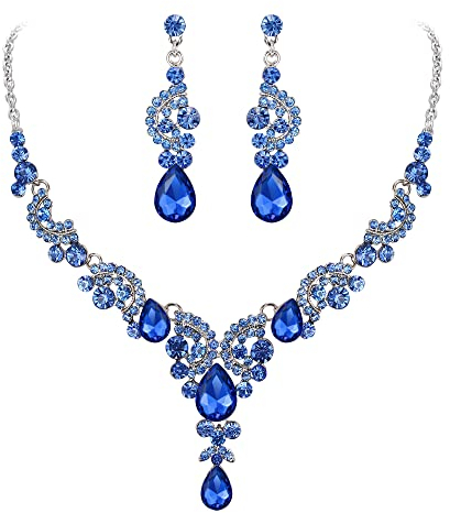 EVER FAITH Strass Kristall Hochzeit Floral Wave Teardrop Halskette Ohrringe Set Hell-Blau Silber-Ton