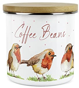 Purely Home English Robins Coffee Beans Canister - White Metal Enamel Kitchen Food Storage Container