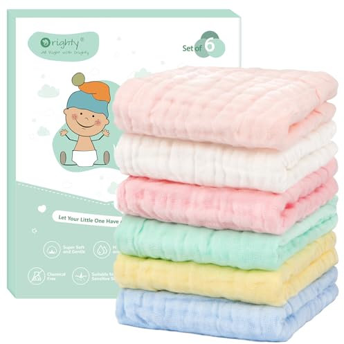 Orighty Muslin Baby Waschlappen 6er-Pack, Weiche Gesichtstücher für Neugeborene, Saugfähige Baby Gesichtstücher, 100% Baumwoll-Babytücher, Spucktücher, Fütterungstücher für Babys 10 x 10''