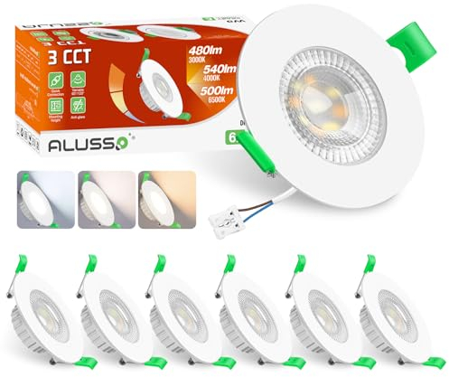 ALUSSO LIGHTING LED Einbaustrahler 230V Dimmbar Flach, Spots 6W 68mm mit Abnehmbar Modul, 3CCT Warmweiß Naturweiß Kaltweiß IP44 Einbauleuchten Deckenspots für Badezimmer Küche, 6er Set