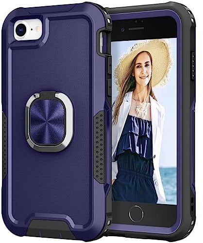 iPhone SE 2020 Case iPhone 8 Case iPhone SE 2022 Phone Case iPhone 7 Ring Military Grade Shockproof Full Protective TPU Bumper Hard PC Back Cover Built-in Magnetic Kickstand Car Mount Case, Navy Blue
