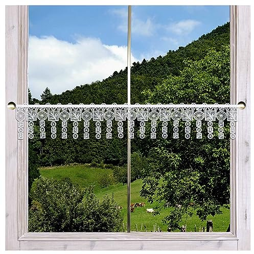 Feenhaus-Scheibengardine Aneta Plauener Spitze Kurzgardine mit Mandalas und Mosaik-Ornamenten in weiß 13 x 48 cm